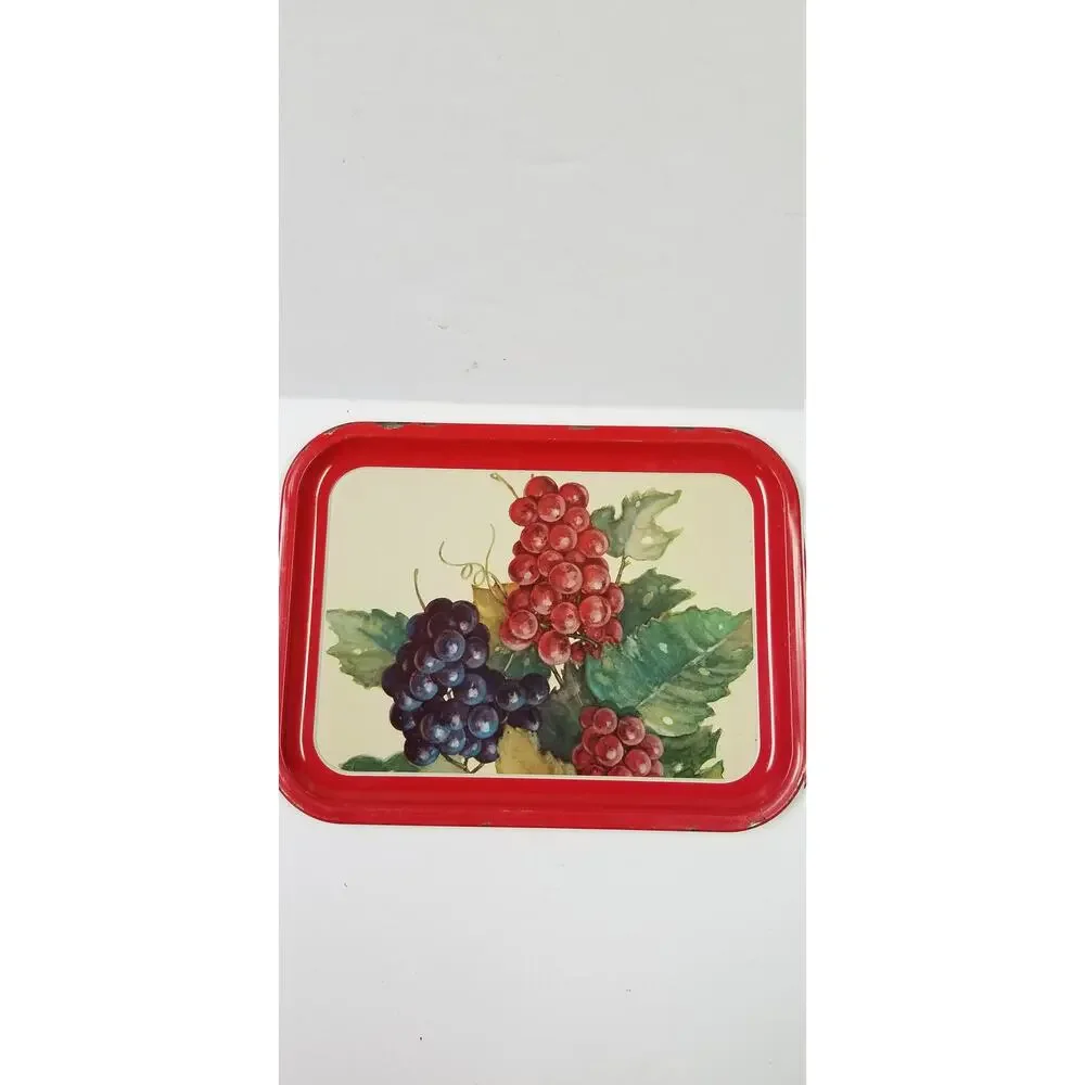 Set of 3 Vintage 1960s Metal TV Lap Trays Red Border Grape Vineyard Cottagecore